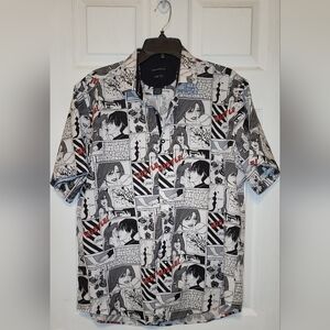 "Interaffair" Mens Button-up  Short Sleeve Comic Strip Style black White Red